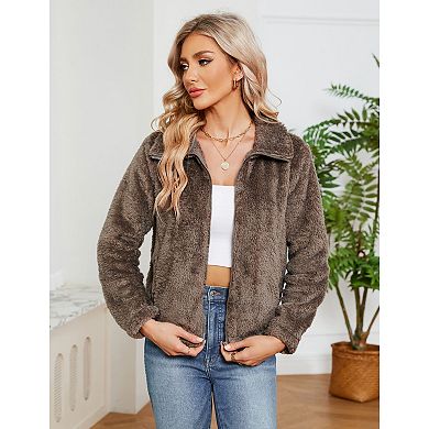 Women's Fleece Jackets Zip-Up Jacket Coats Long Sleeve Mock Neck Open Front Jacket with Pockets