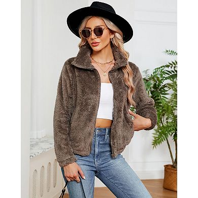 Women's Fleece Jackets Zip-Up Jacket Coats Long Sleeve Mock Neck Open Front Jacket with Pockets