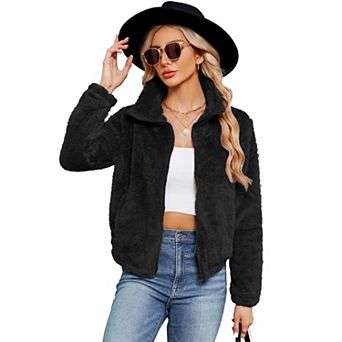Women's Fleece Jackets Zip-Up Jacket Coats Long Sleeve Mock Neck Open Front Jacket with Pockets