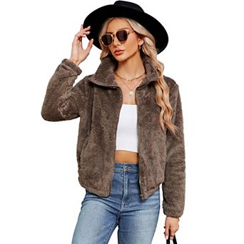 Women's Fleece Jackets Zip-Up Jacket Coats Long Sleeve Mock Neck Open Front Jacket with Pockets