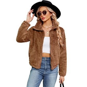 Women's Fleece Jackets Zip-Up Jacket Coats Long Sleeve Mock Neck Open Front Jacket with Pockets