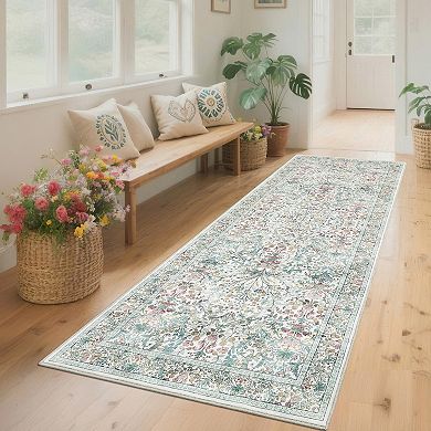 Floral Machine Washable Non-Slip Rug for Living Room Non-Shedding Low Pile Farmhouse Mat
