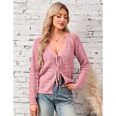 Women's Knitted Cardigan long Sleeve V Neck Elegant Front Tie Knit Sweater Shrugs