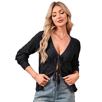 Women's Knitted Cardigan long Sleeve V Neck Elegant Front Tie Knit Sweater Shrugs