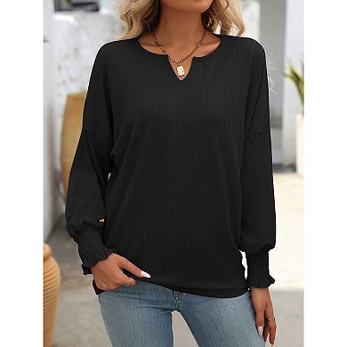 Womens Tops V Neck Smocked Cuff Drop Shoulder Batwing Long Sleeve Casual Blouse Top