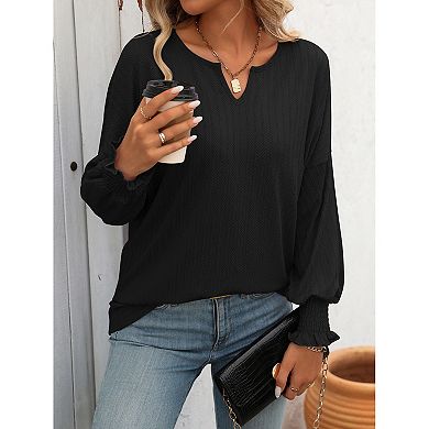 Womens Tops V Neck Smocked Cuff Drop Shoulder Batwing Long Sleeve Casual Blouse Top