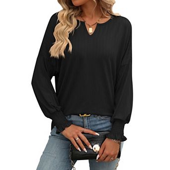 Womens Tops V Neck Smocked Cuff Drop Shoulder Batwing Long Sleeve Casual Blouse Top