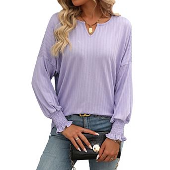 Womens Tops V Neck Smocked Cuff Drop Shoulder Batwing Long Sleeve Casual Blouse Top