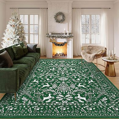 Machine Washable Christmas Rug with Non Slip TPR Backing, Decorative Xmas Holiday Carpet