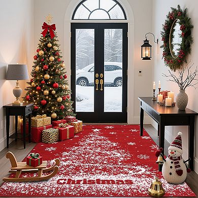 Christmas Washable Rugs Non Slip Christmas Tree Area Rug Low Pile Winter Snowflake Foldable Carpet