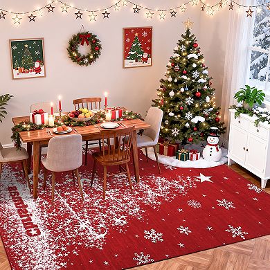 Christmas Washable Rugs Non Slip Christmas Tree Area Rug Low Pile Winter Snowflake Foldable Carpet