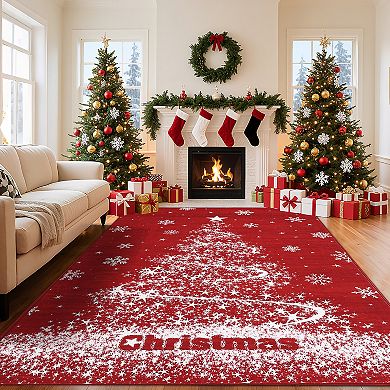 Christmas Washable Rugs Non Slip Christmas Tree Area Rug Low Pile Winter Snowflake Foldable Carpet
