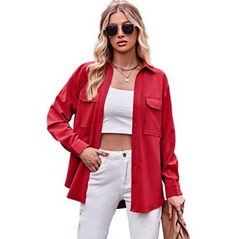 Womens Fashion Long Sleeve Button Down Business Office Shirts Solid Color Blouse Tops with Pockets