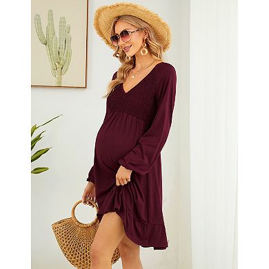 Women's Maternity Long Sleeve Smocked Dress V Neck Summer Casual Midi Dress Baby Shower Photoshoot