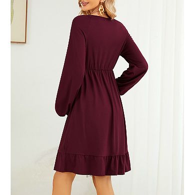 Women's Maternity Long Sleeve Smocked Dress V Neck Summer Casual Midi Dress Baby Shower Photoshoot