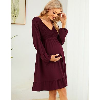 Women's Maternity Long Sleeve Smocked Dress V Neck Summer Casual Midi Dress Baby Shower Photoshoot