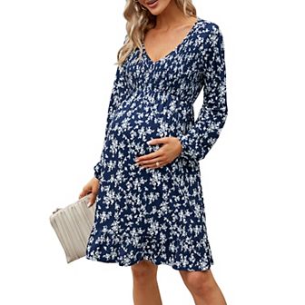 Women's Maternity Long Sleeve Smocked Dress V Neck Summer Casual Midi Dress Baby Shower Photoshoot