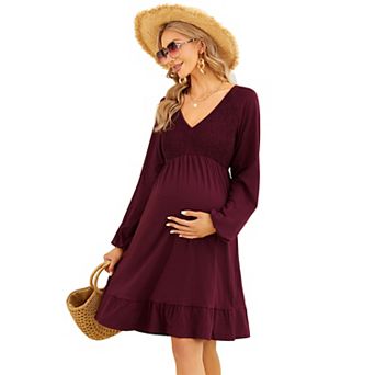 Women's Maternity Long Sleeve Smocked Dress V Neck Summer Casual Midi Dress Baby Shower Photoshoot