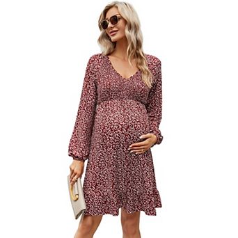 Women's Maternity Long Sleeve Smocked Dress V Neck Summer Casual Midi Dress Baby Shower Photoshoot