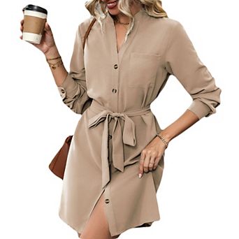 Women's Solid Color V - Neck Long - Sleeve Button - Down Shirt Dress with Belt