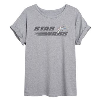 Juniors' Star Wars Logo X-Wing Distressed Oversized Tee