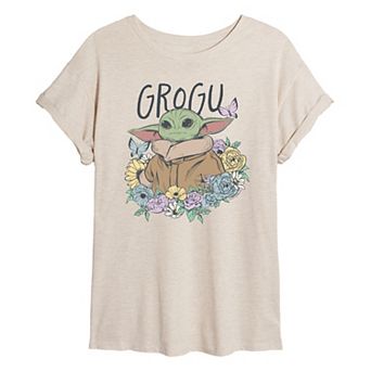 Juniors' Star Wars The Mandalorian Grogu Floral Oversized Tee