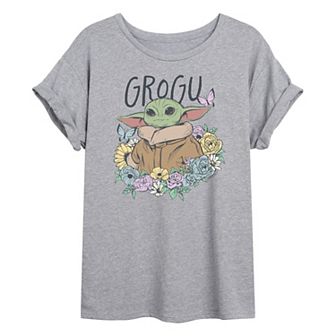 Juniors' Star Wars The Mandalorian Grogu Floral Oversized Tee