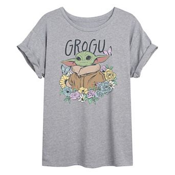 Juniors' Star Wars The Mandalorian Grogu Floral Oversized Tee