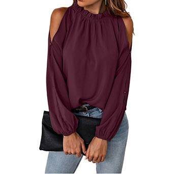 Women Long Sleeve Tops Elegant Casual Cold Shoulder Ruffle Collar Blouses Autumn Fashion Shirts