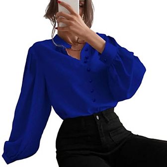 Women's Elegant Button Down Blouse Long Sleeve Stand Collar Lantern Sleeve Top