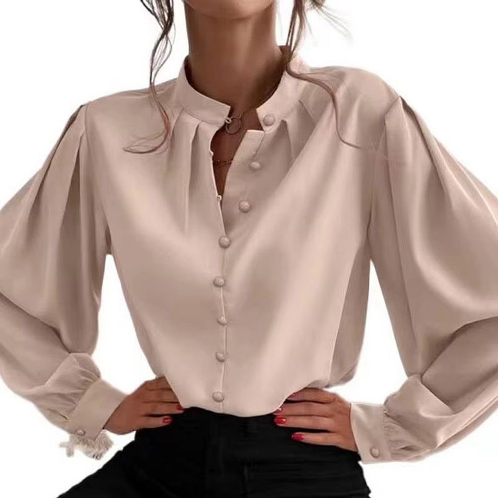 Women's Elegant Button Down Blouse Long Sleeve Stand Collar Lantern ...