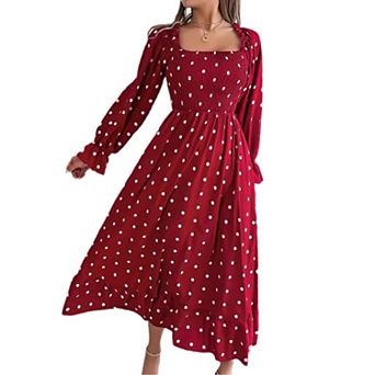 Women's Long Sleeve Square Neck Polka Dot Big Swing Dress Autumn Casual Loose Solid Long Dresses