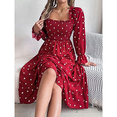 Women's Long Sleeve Square Neck Polka Dot Big Swing Dress Autumn Casual Loose Solid Long Dresses