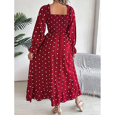 Women's Long Sleeve Square Neck Polka Dot Big Swing Dress Autumn Casual Loose Solid Long Dresses