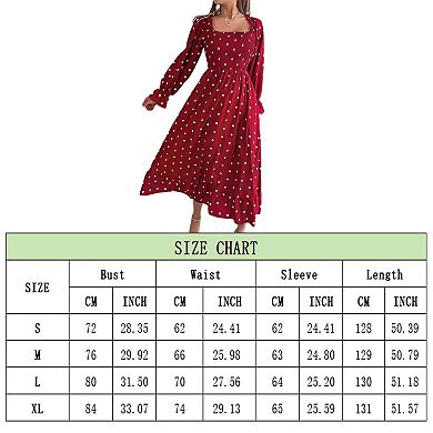 Women's Long Sleeve Square Neck Polka Dot Big Swing Dress Autumn Casual Loose Solid Long Dresses