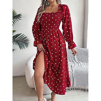 Women's Long Sleeve Square Neck Polka Dot Big Swing Dress Autumn Casual Loose Solid Long Dresses