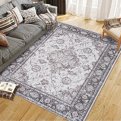 Area Rug Washable for Living Room Non-Slip Backing Vintage Floral Low Pile Floor Mat Bedroom Dining