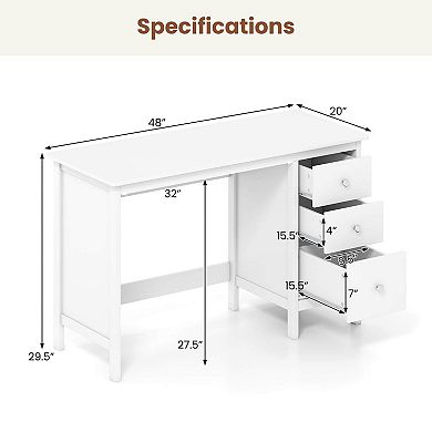 Costway Computer Desk with 3 Drawers 48" Wide Writing Desk with Storage Anti-tip Kit White