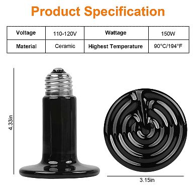 2Pcs 150W Ceramic Heat Lamp Infrared No-Light Bulb for Reptile, Brooder, Incubator, Terrarium