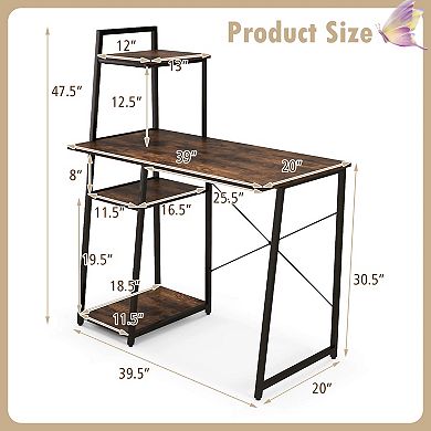 Costway Modern Computer Desk with 3-tier Storage Shelf CPU Stand Metal Frame for Bedroom