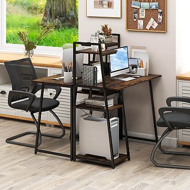 Costway Modern Computer Desk with 3-tier Storage Shelf CPU Stand Metal Frame for Bedroom