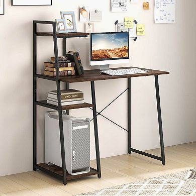 Costway Modern Computer Desk with 3-tier Storage Shelf CPU Stand Metal Frame for Bedroom