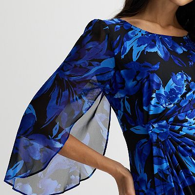Women's Connected Apparel Printed Ivy Side Drape Split Sleeve Dress, Size: 6, Blue Print