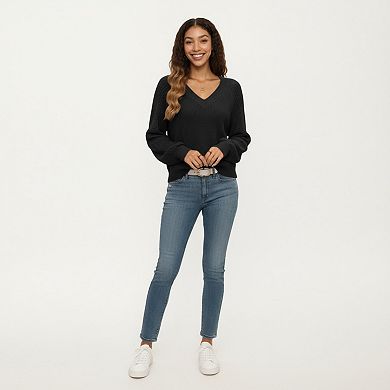 Women's Off-Shoulder Knit Sweater with Pointelle Sleeves and Relaxed Fit