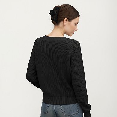 Women's Off-Shoulder Knit Sweater with Pointelle Sleeves and Relaxed Fit