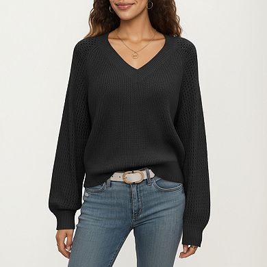 Women's Off-Shoulder Knit Sweater with Pointelle Sleeves and Relaxed Fit