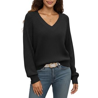 Women's Off-Shoulder Knit Sweater with Pointelle Sleeves and Relaxed Fit
