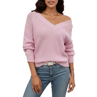 Women's Off-Shoulder Knit Sweater with Pointelle Sleeves and Relaxed Fit