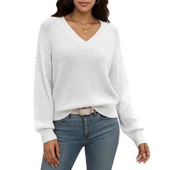 Women's Off-Shoulder Knit Sweater with Pointelle Sleeves and Relaxed Fit