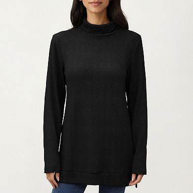 Women's Long Sleeve Collared Knit Top with Subtle Textured Pattern and Relaxed Fit